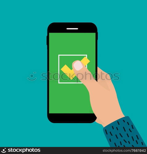 Hand holding mobile phone with yes mark sign. Vector Illustration EPS10. Hand holding mobile phone with yes mark sign. Vector Illustration