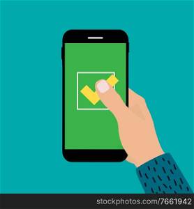 Hand holding mobile phone with yes mark sign. Vector Illustration EPS10. Hand holding mobile phone with yes mark sign. Vector Illustration