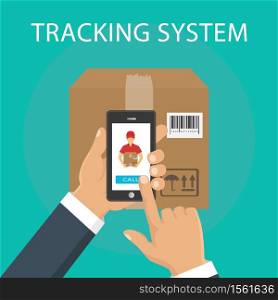 Hand holding mobile smart phone with app delivery tracking. Vector. Package tracking. Order tracking app concept.. Package tracking. Order tracking app concept. Hand holding mobile smart phone with app delivery tracking. Vector