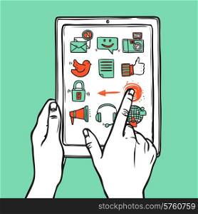 Hand holding mobile tablet with social sketch media icons vector illustration. Social Media Tablet