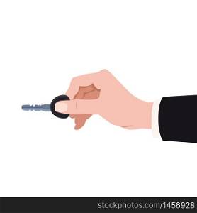 Hand holding modern key to unlock door car, home, rent, buy. Hand holding modern key to unlock door car, home, rent, buy. Cartoon stye flat vector icon for apps and websites
