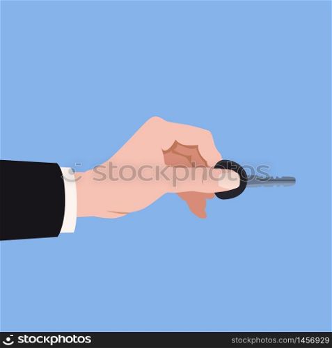 Hand holding modern key to unlock door car, home, rent, buy. Hand holding modern key to unlock door car, home, rent, buy. Cartoon stye flat vector icon for apps and websites