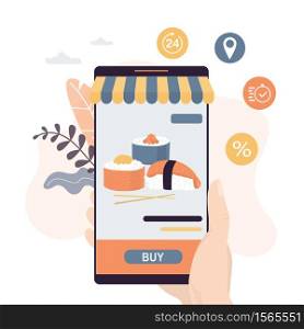 Hand holding modern smartphone. Buying and paying for sushi in application on mobile phone. E-commerce, internet shop and delivery. Traditional japanese food. Asian dish.Trendy style vector illustration