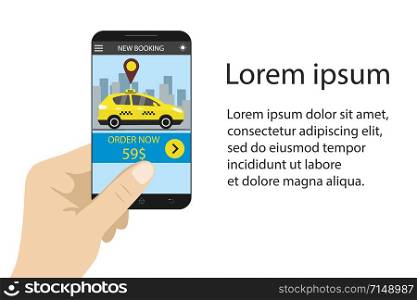 Hand holding modern smartphone,taxi service app on screen,place for text,vector illustration. Hand holding modern smartphone,taxi service app on screen