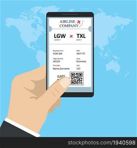 Hand holding modern smartphone with travel app,boarding pass on screen,ticket template UI page,world map on background,flat vector illustration