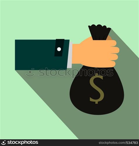 Hand holding money bag icon in flat style on a light blue background. Hand holding money bag icon, flat style