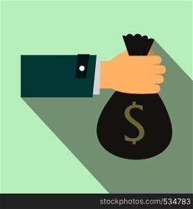 Hand holding money bag icon in flat style on a light blue background. Hand holding money bag icon, flat style