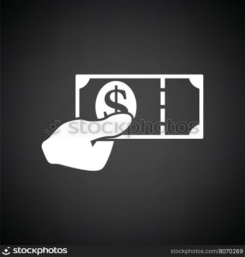 Hand holding money icon. Black background with white. Vector illustration.