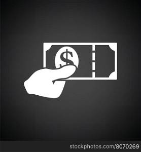 Hand holding money icon. Black background with white. Vector illustration.