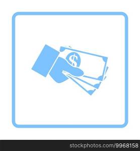 Hand Holding Money Icon. Blue Frame Design. Vector Illustration.