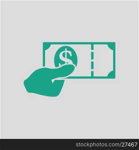 Hand holding money icon. Gray background with green. Vector illustration.
