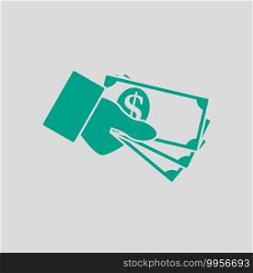 Hand Holding Money Icon. Green on Gray Background. Vector Illustration.