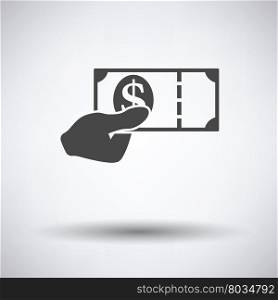 Hand holding money icon on gray background, round shadow. Vector illustration.