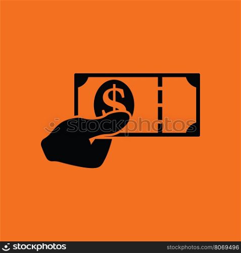 Hand holding money icon. Orange background with black. Vector illustration.