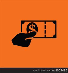 Hand holding money icon. Orange background with black. Vector illustration.