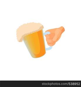 Hand holding mug of beer icon in cartoon style on a white background. Hand holding mug of beer icon, cartoon style