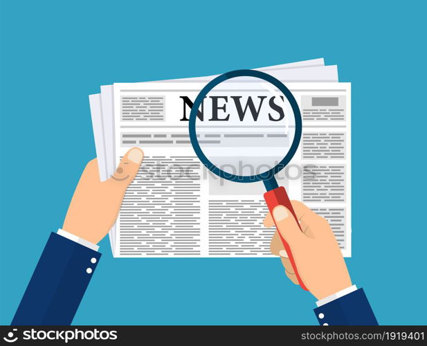 Hand holding newspaper and magnifying glass. Vector illustration in flat style. Hand holding newspaper and magnifying glass