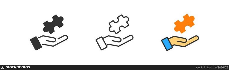 Hand holding one piece of puzzle icon on light background. Logic symbol. Teamwork, child game, jigsaw. Outline, flat and colored style. Flat design. Vector illustration. Hand holding one piece of puzzle icon on light background. Logic symbol. Teamwork, child game, jigsaw. Outline, flat and colored style. Flat design.