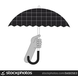 Hand holding opened umbrella flat monochrome isolated vector object. Accessory protect form weather. Editable black and white line art drawing. Simple outline spot illustration for web graphic design. Hand holding opened umbrella flat monochrome isolated vector object