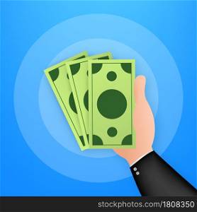 Hand holding or showing money bills on blue background. Vector stock illustration. Hand holding or showing money bills on blue background. Vector stock illustration.
