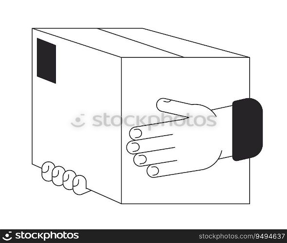 Hand holding paper box bw concept vector spot illustration. Purchase delivery 2D cartoon flat line monochromatic hand for web UI design.editable isolated outline hero image. Hand holding paper box bw concept vector spot illustration