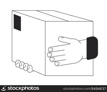 Hand holding paper box bw concept vector spot illustration. Purchase delivery 2D cartoon flat line monochromatic hand for web UI design.editable isolated outline hero image. Hand holding paper box bw concept vector spot illustration