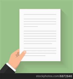Hand Holding Paper. Hand holding white paper with text - document, contract, agreement, newspaper, etc, flat design, vector eps10 illustration