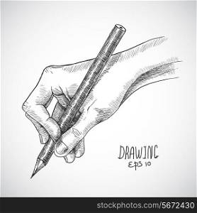 Hand holding pencil sketch isolated on white background vector illustration
