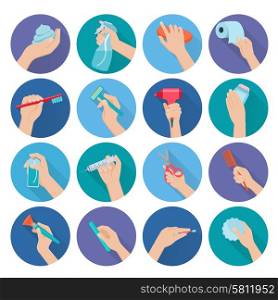 Hand holding personal hygiene objects flat icons set isolated vector illustration. Hand Holding Objects Flat