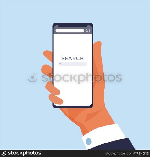 Hand holding phone. Mobile web page for online searching. Cartoon man with smartphone. Finding information in Internet by keywords. Blank browser interface. Vector electronic device screen template. Hand holding phone. Mobile web page for searching. Cartoon man with smartphone. Finding information in Internet by keywords. Blank browser interface. Vector electronic device screen