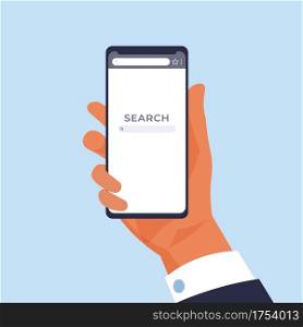 Hand holding phone. Mobile web page for online searching. Cartoon man with smartphone. Finding information in Internet by keywords. Blank browser interface. Vector electronic device screen template. Hand holding phone. Mobile web page for searching. Cartoon man with smartphone. Finding information in Internet by keywords. Blank browser interface. Vector electronic device screen