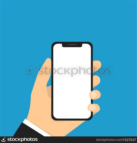 Hand holding phone. Vector illustration. Mockup smartphone with blank screen. Mobile phone mockup. Smartphone technology. EPS 10