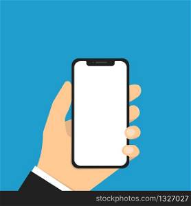 Hand holding phone. Vector illustration. Mockup smartphone with blank screen. Mobile phone mockup. Smartphone technology. EPS 10