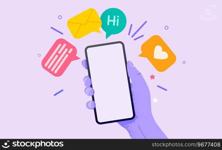 Hand holding phone with messages. Communication and social networking concept. Vector illustration for web sites and banners design. Hand holding phone with messages. Communication and social networking concept.