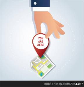 hand holding pin icon, red location icon vector illustrations