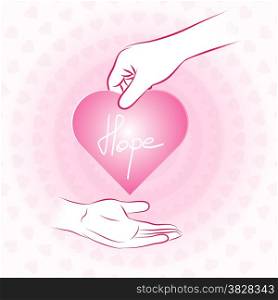 Hand holding pink heart with hope and give or share to other hand on swirl heart background