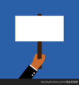Hand holding placard. Illustration protest with empty banner or board on blue background. EPS 10. Hand holding placard. Illustration protest with empty banner or board on blue background.