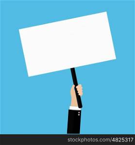 Hand holding placard with empty space for text, business man hand swinging board with handle vector illustration design isolated on blue background