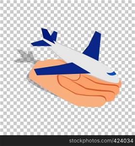 Hand holding plane isometric icon 3d on a transparent background vector illustration. Hand holding plane isometric icon