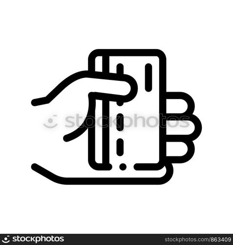 Hand Holding Plastic Card Vector Thin Line Icon. Plastic Credit Card, Hotel Performance Of Service Equipment Linear Pictogram. Business Hostel Items Monochrome Contour Illustration. Hand Holding Credit Card Vector Thin Line Icon