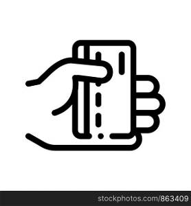Hand Holding Plastic Card Vector Thin Line Icon. Plastic Credit Card, Hotel Performance Of Service Equipment Linear Pictogram. Business Hostel Items Monochrome Contour Illustration. Hand Holding Credit Card Vector Thin Line Icon
