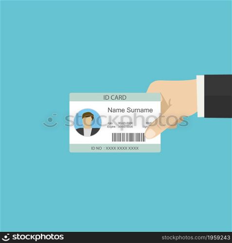 Hand holding plastic id card,flat template isolated on blue background, vector illustration