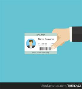 Hand holding plastic id card,flat template isolated on blue background, vector illustration