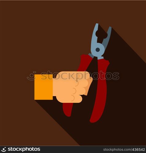 Hand holding pliers with red handles icon. Flat illustration of hand holding pliers with red handles vector icon for web on coffee background. Hand holding pliers with red handles icon