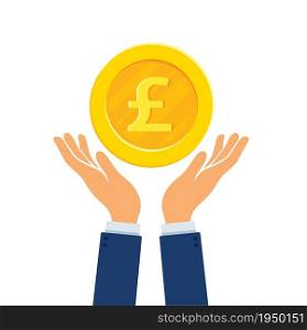 hand holding Pound gold coin. vector illustration