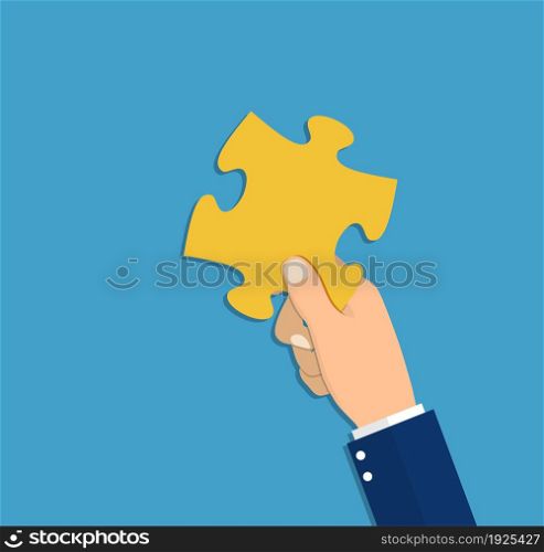 hand holding puzzle piece. Problem and solution concept. vector illustration in flat style. hand holding puzzle piece