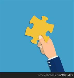 hand holding puzzle piece. Problem and solution concept. vector illustration in flat style. hand holding puzzle piece