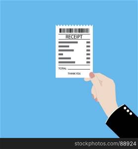 Hand holding receipt. Hand holding receipt vector flat illustration on color background.