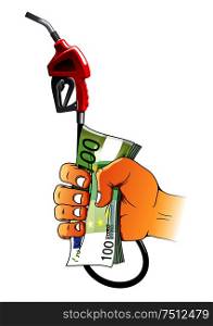 Hand holding red gasoline pump nozzle and euro bills, for gas pricing or oil industry theme. Hand holding gasoline nozzle and euro bills