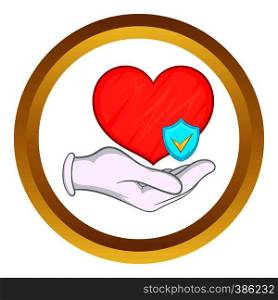Hand holding red heart and sky blue shield with tick vector icon in golden circle, cartoon style isolated on white background. Hand holding red heart vector icon